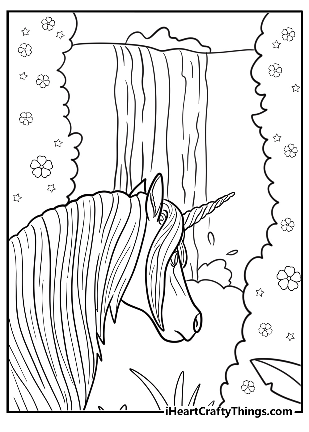 A secret passage behind the waterfall near Unicorn Academy coloring sheet