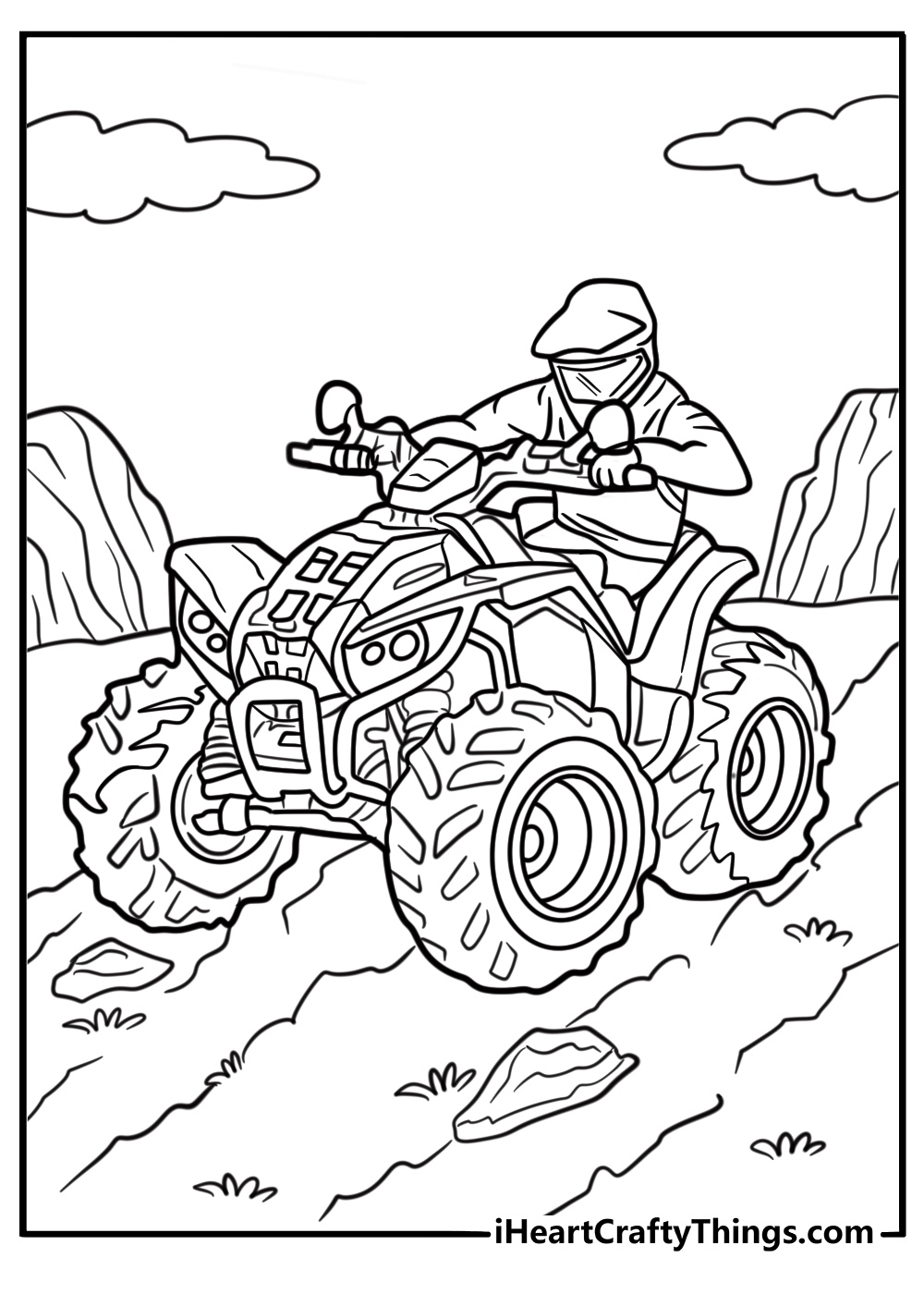 All terrain vehicle crossing a stream coloring page