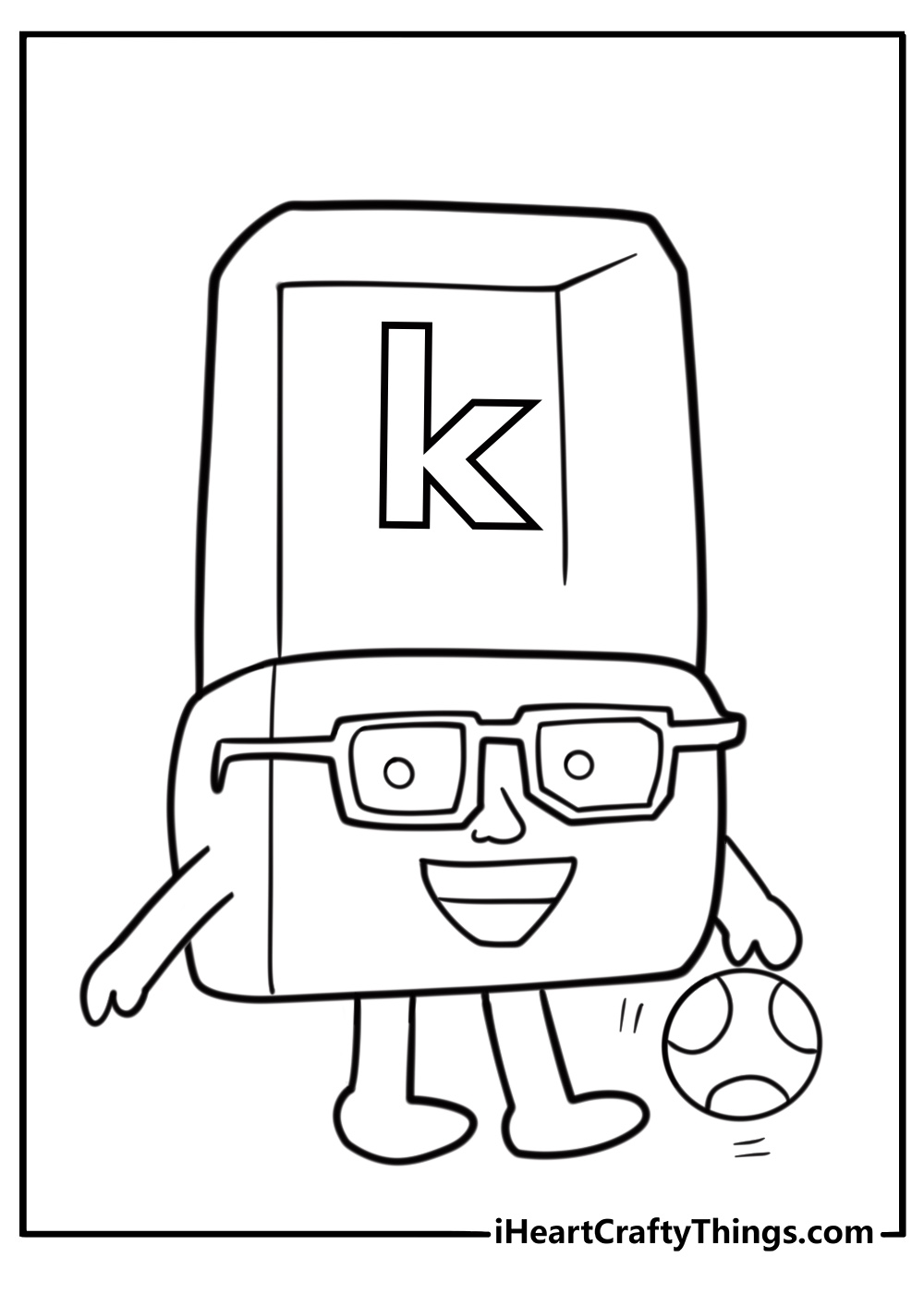 Alphablock K kicking a ball coloring page