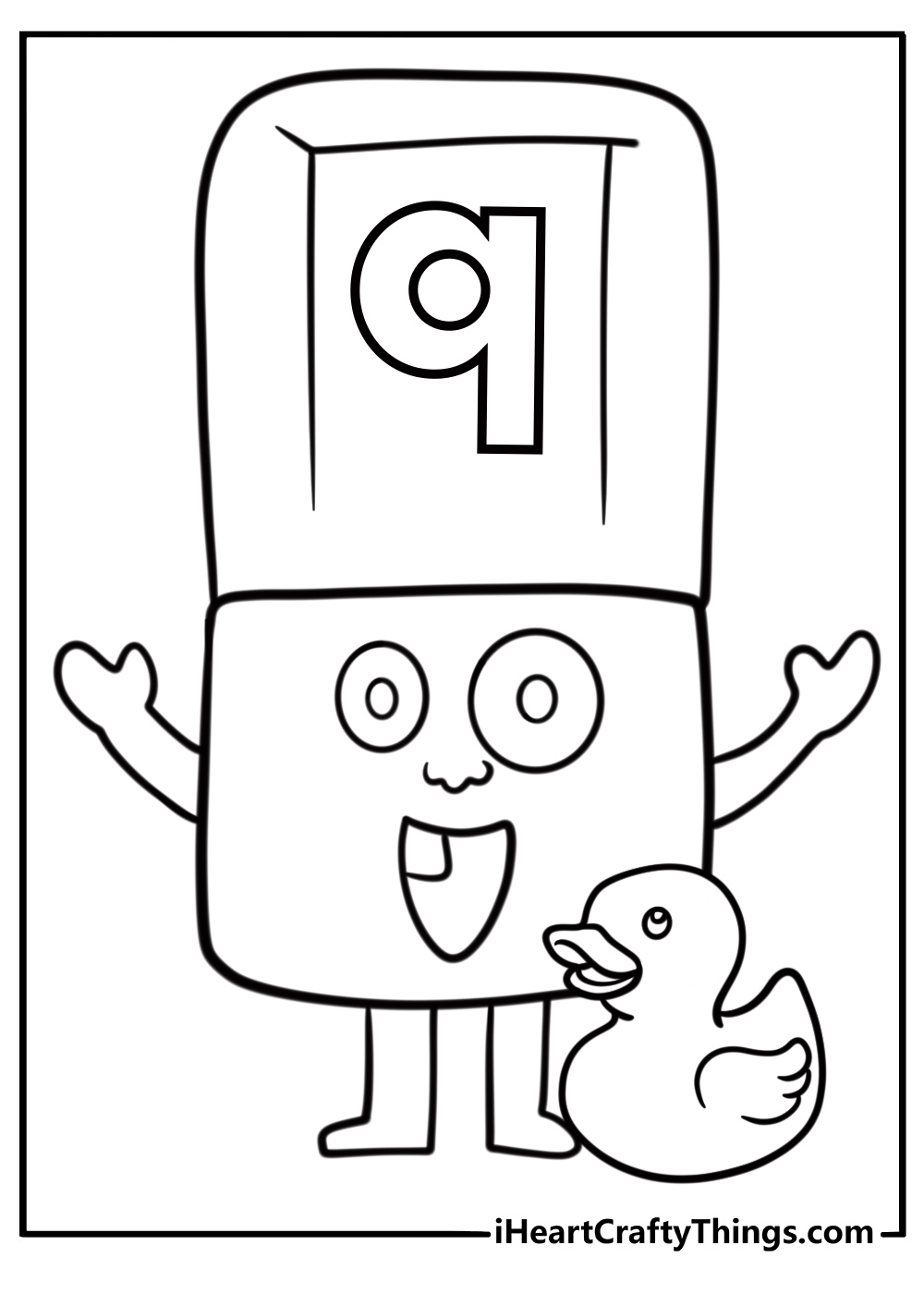Alphablock Q with a quacking duck coloring page