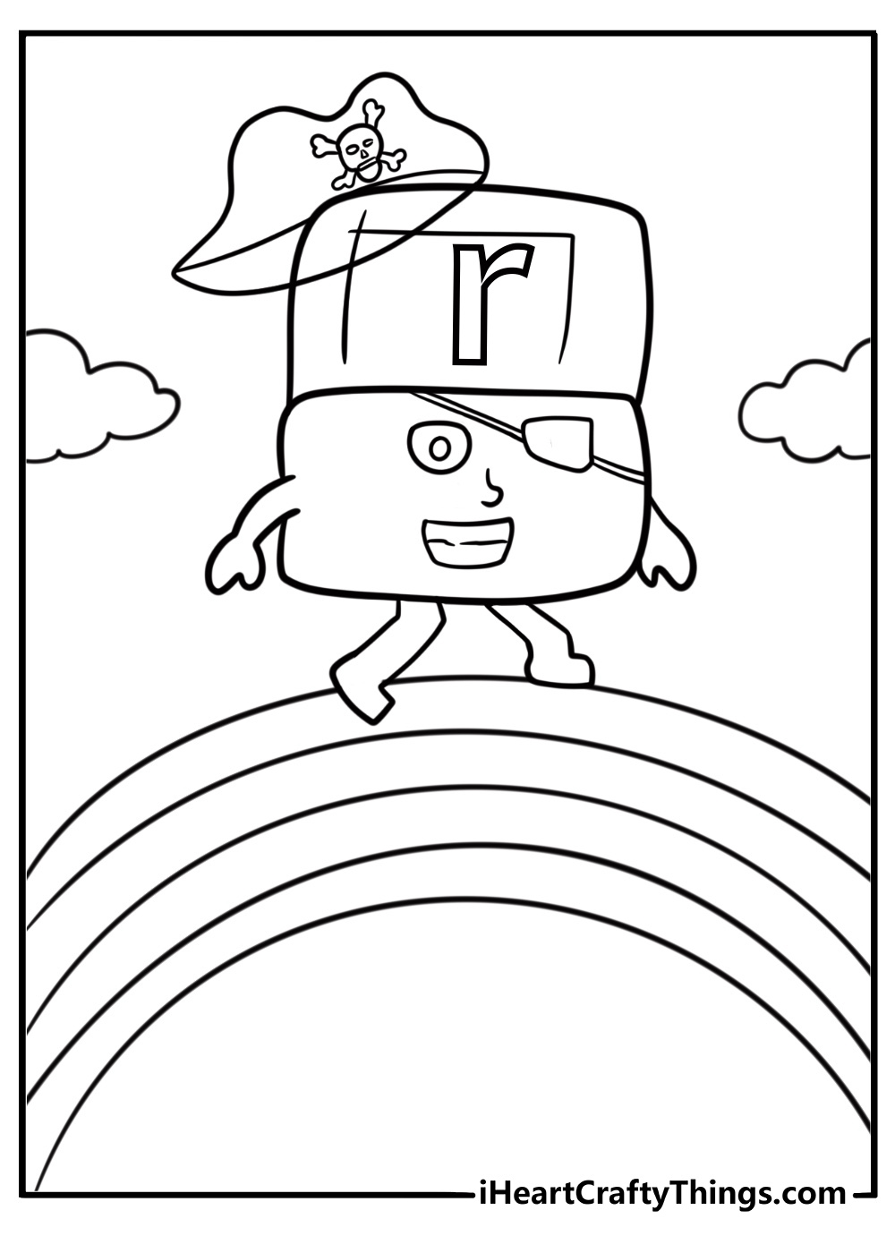 Alphablock R running on a rainbow coloring page