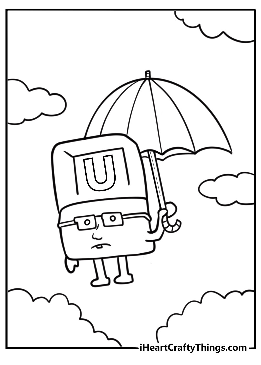 Alphablock U floating with an umbrella coloring page