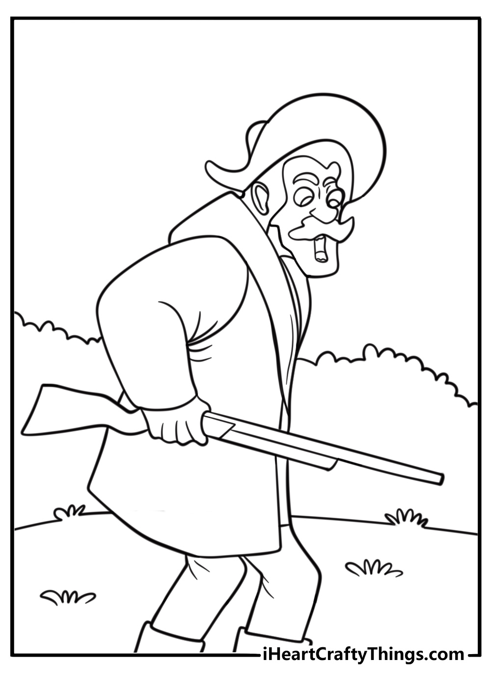 Amos Slade with his hunting gear in the cabin yard coloring page