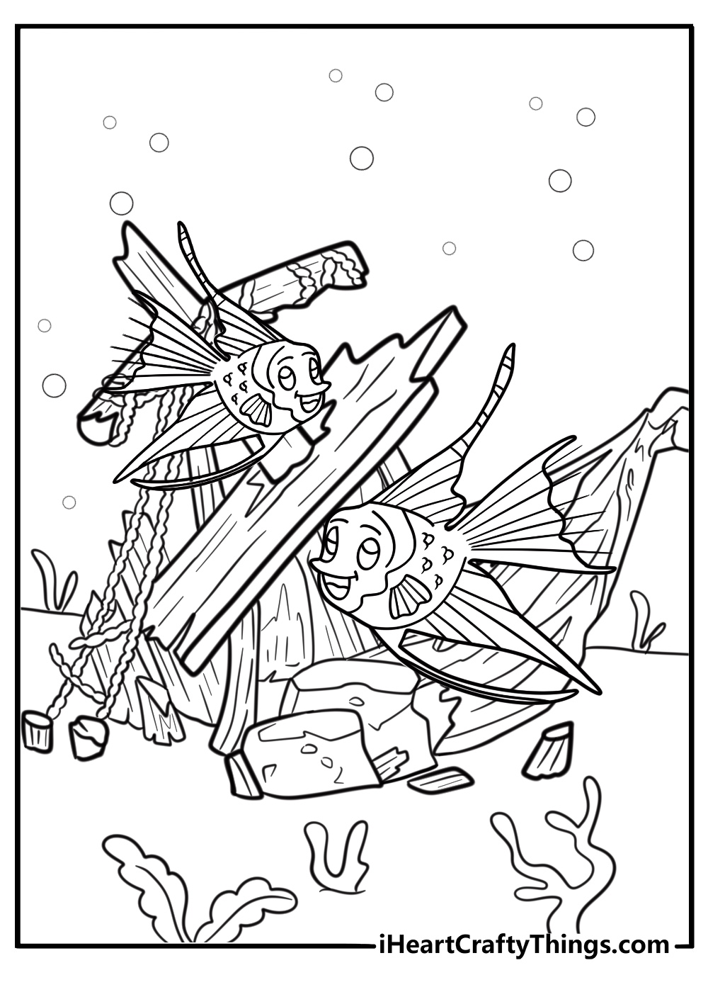 Angelfish near a shipwreck coloring page