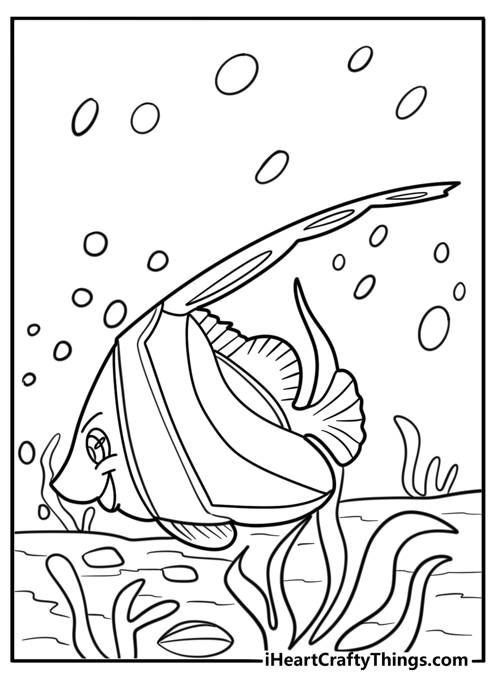 Angelfish surrounded by small pebbles coloring page