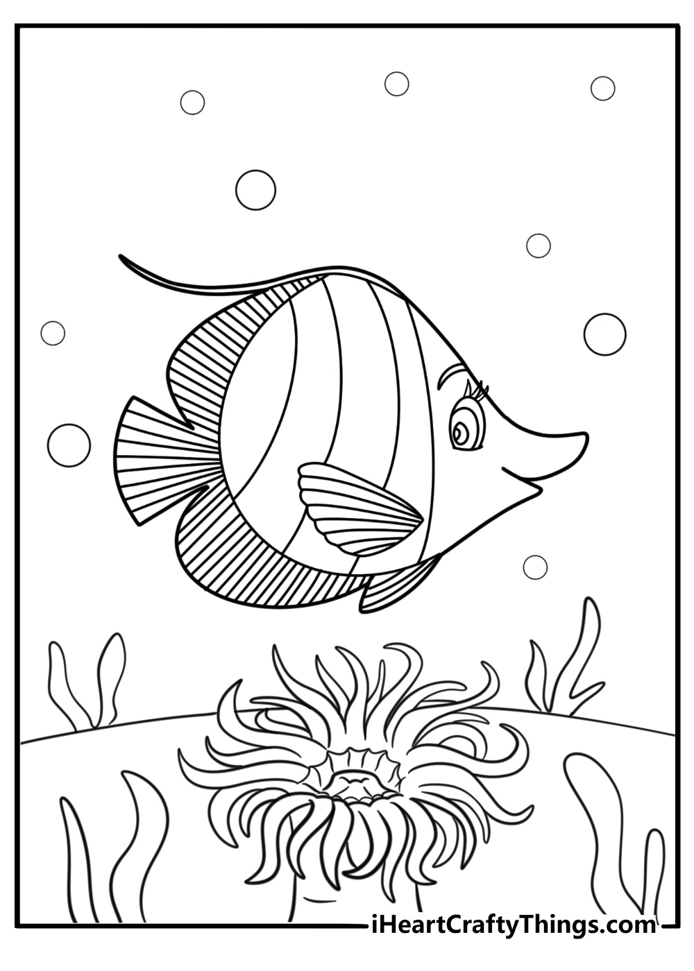 Angelfish swimming beside sea anemones coloring page