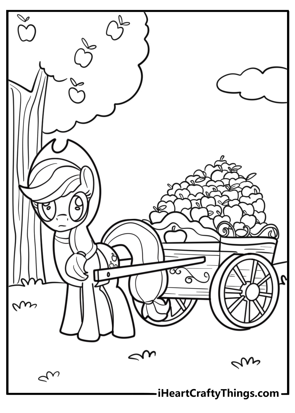 Applejack harvesting apples with a cart fun printable coloring sheet