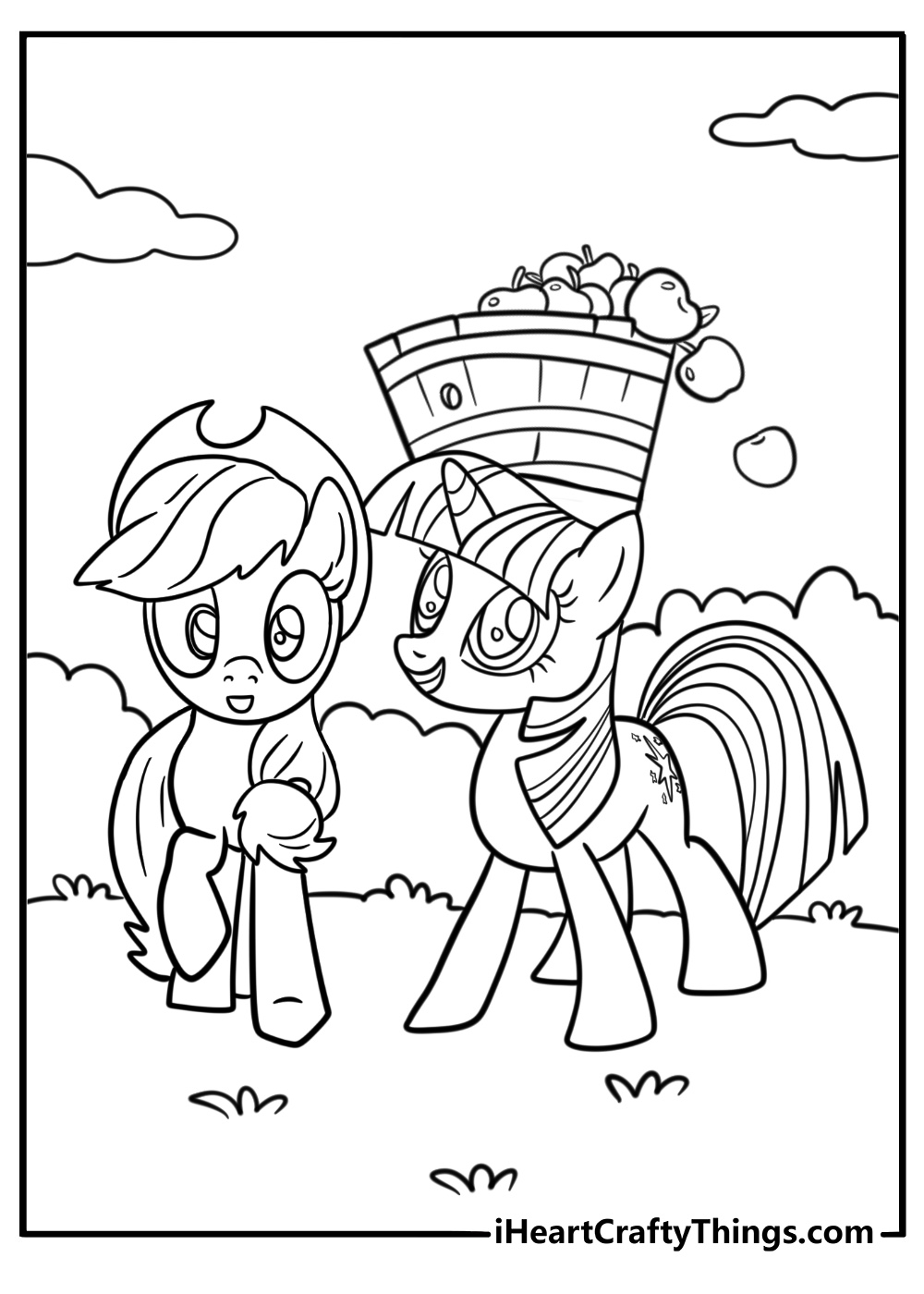 Applejack helping twilight sparkle on the farm detailed coloring sheet