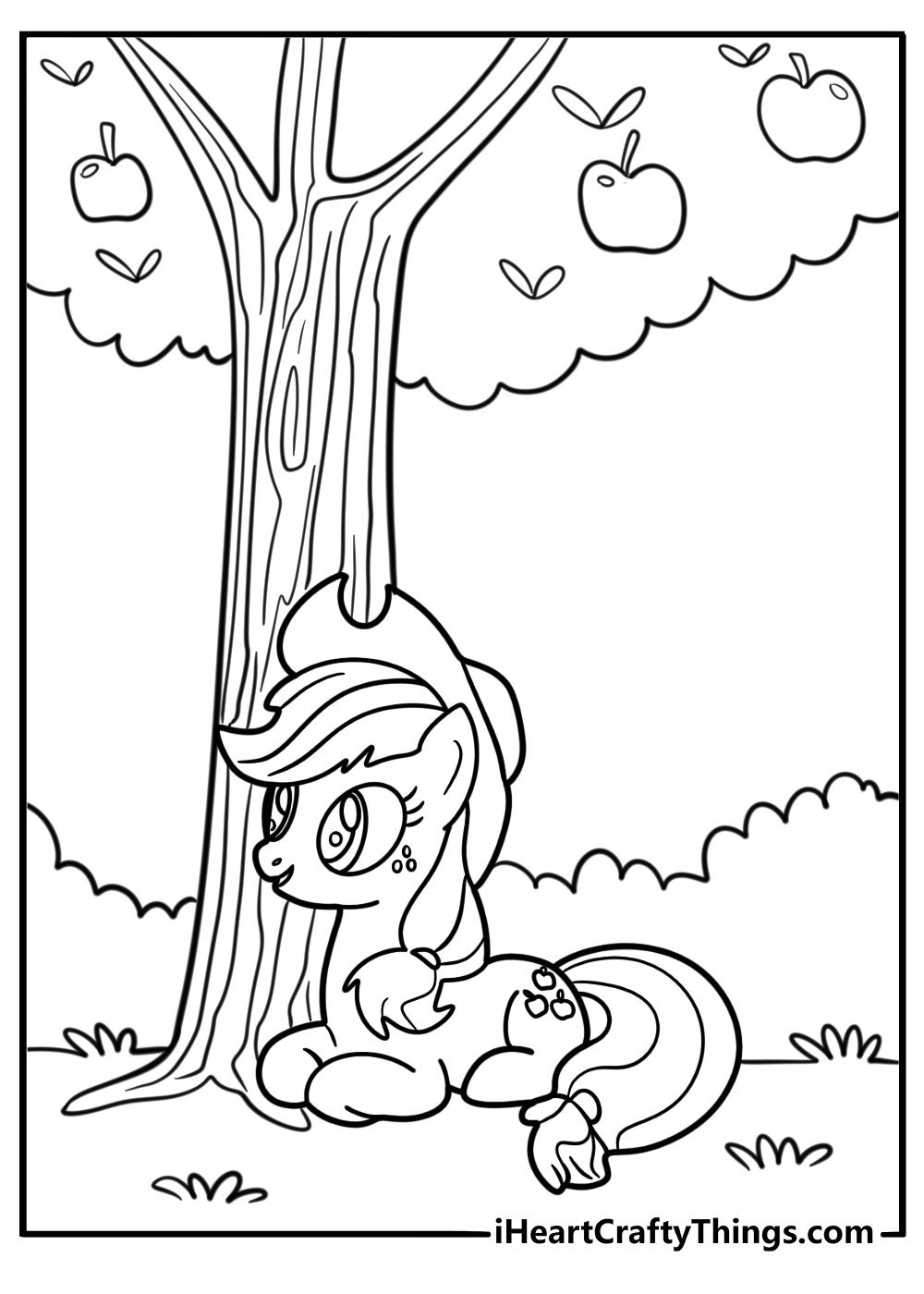 Applejack resting under an apple tree in the sun printable coloring page
