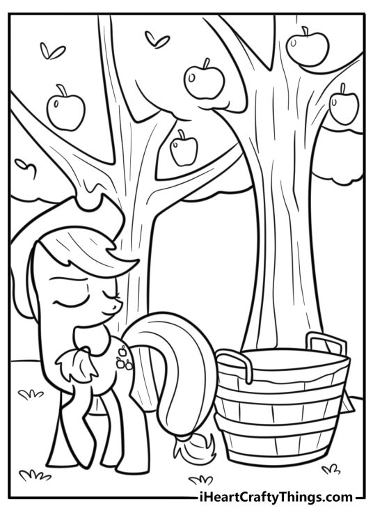 Applejack standing near apple barrels detailed coloring sheet