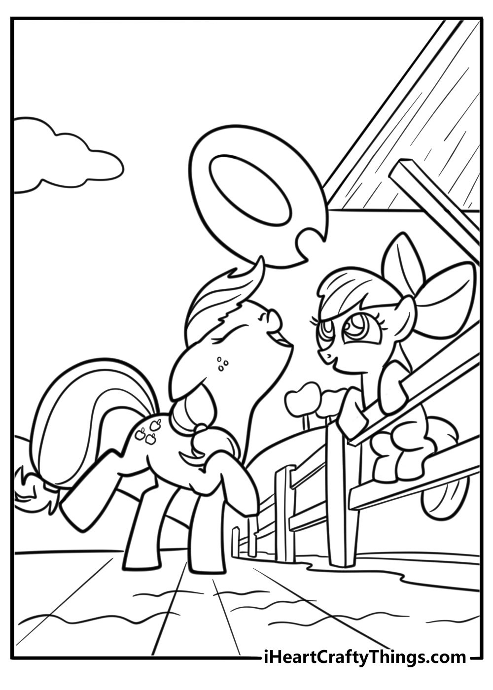 Applejack talking to Apple Bloom at the fence coloring page