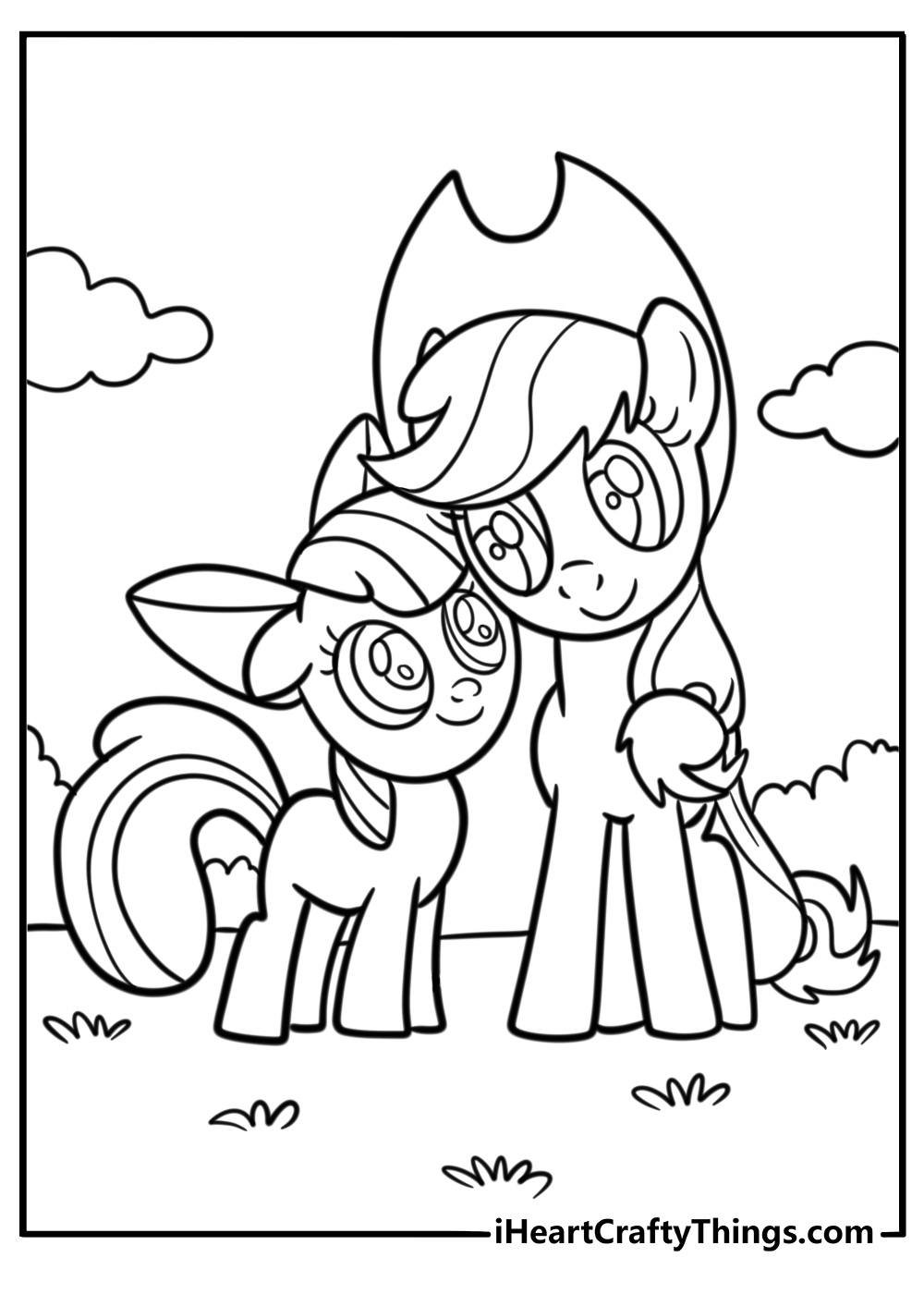 Applejack teaching Apple Bloom about apples printable coloring page
