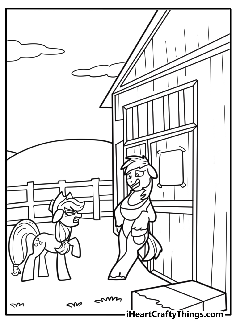 Applejack with Big McIntosh near the barn printable coloring sheet