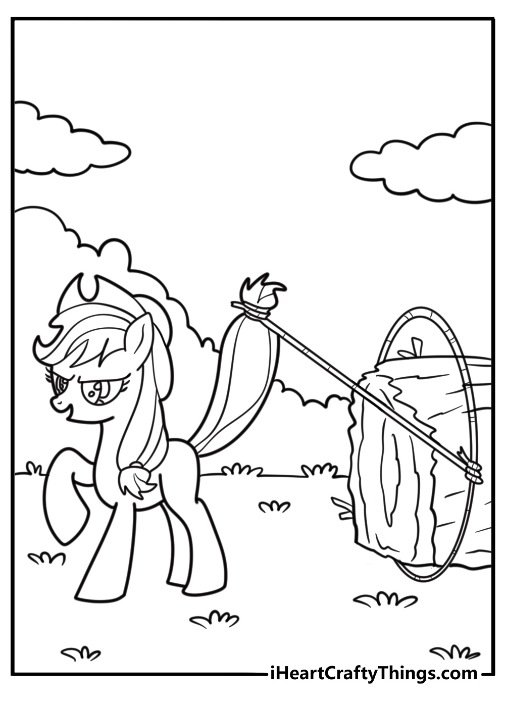 Applejack with her lasso near the haystack detailed coloring sheet