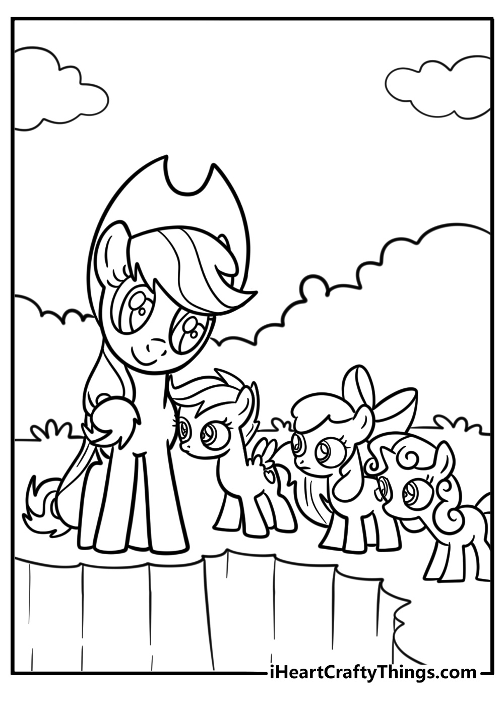 Applejack with the Cuti Mark Crusaders at the farm free coloring page