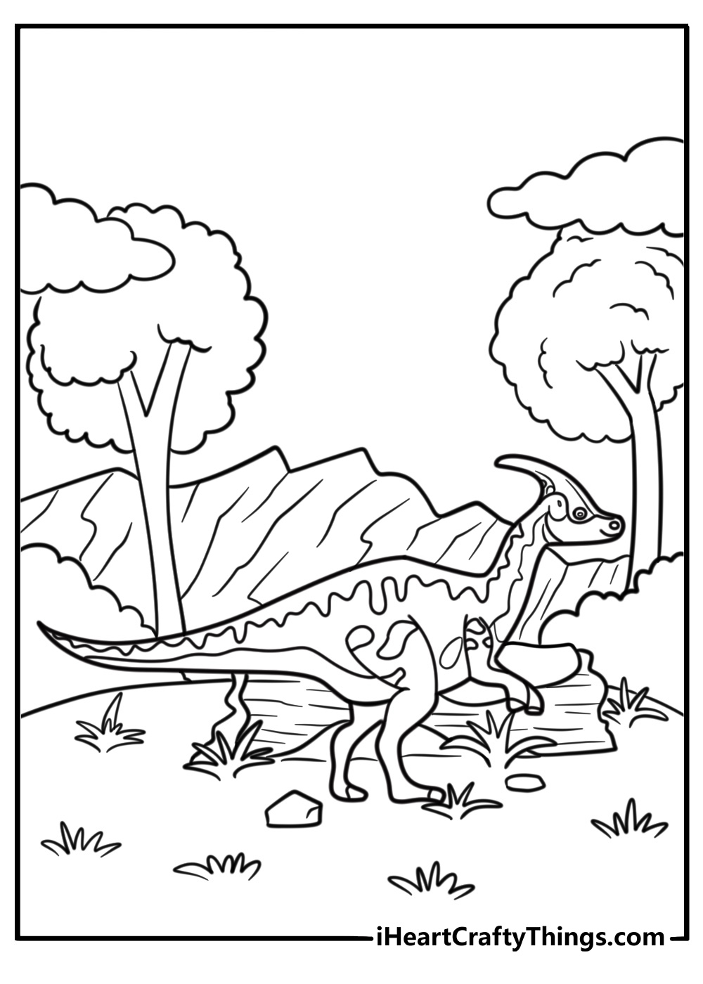 Arasaurolophus with rocky hills in the background coloring page