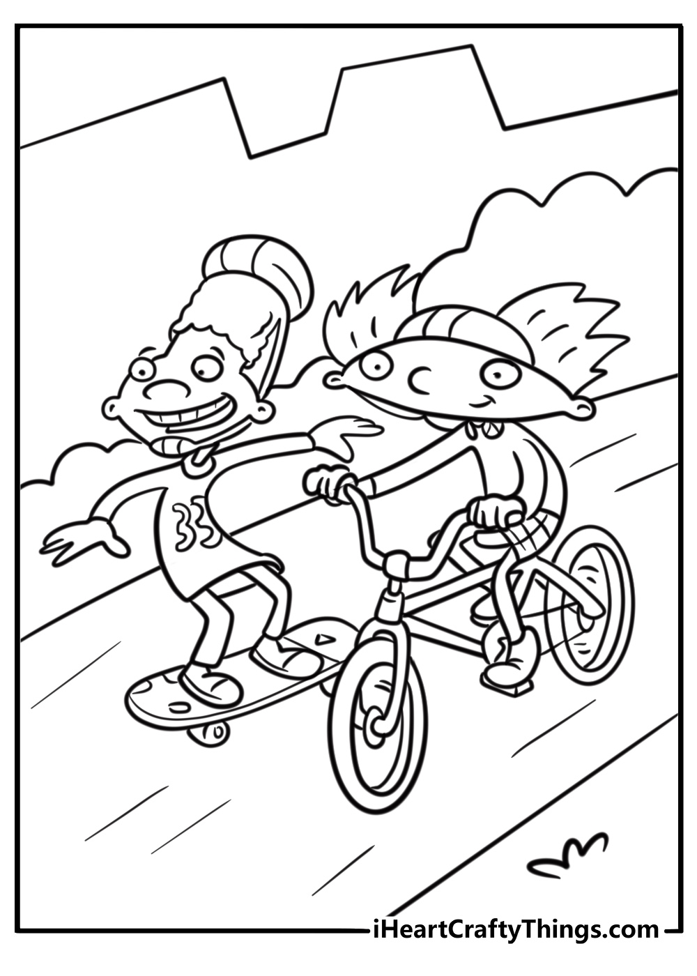 Arnold and Gerald riding their bikes through the neighborhood coloring page