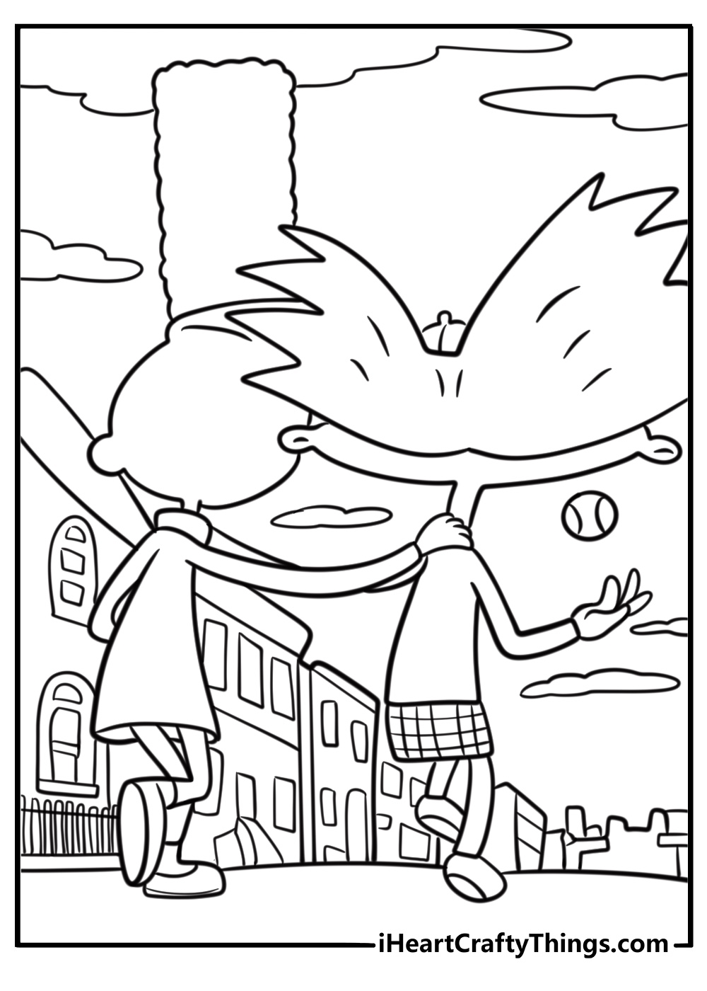 Arnold and Gerald walking through the city coloring page