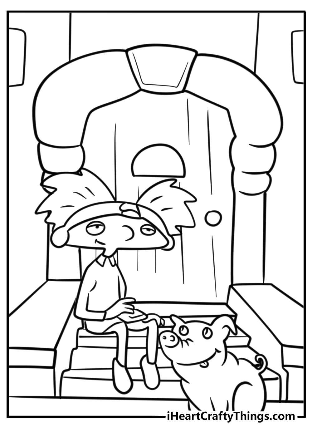 Arnold sitting on the stoop with his pet pig coloring page