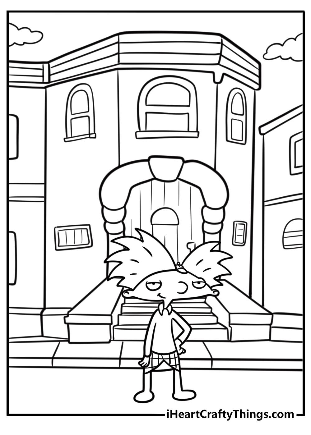 Arnold standing in front of his house coloring page