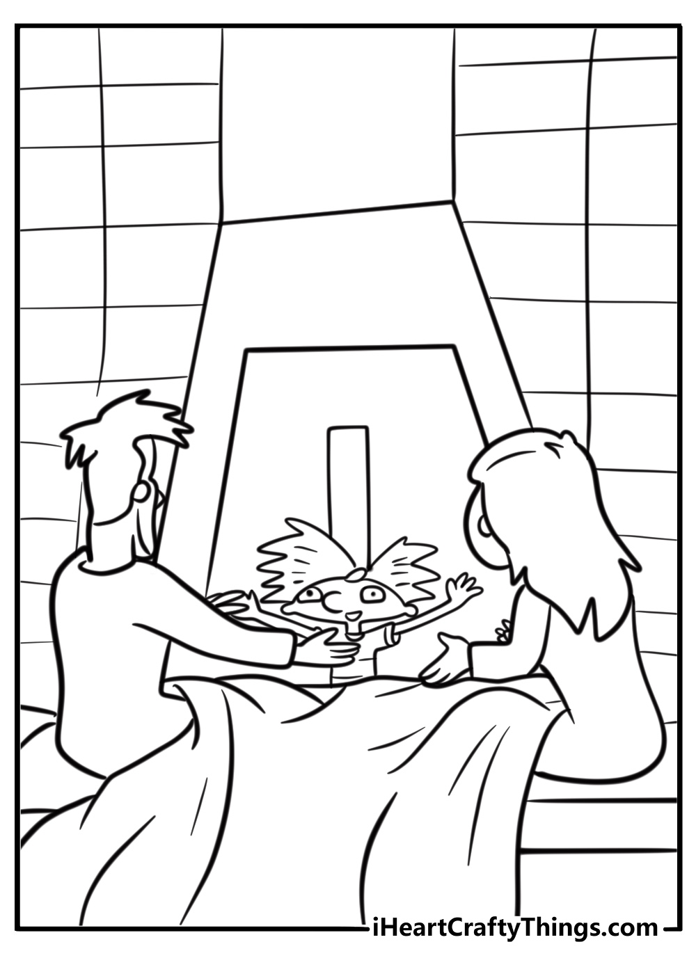 Arnold talking to his parents in a jungle memory coloring page