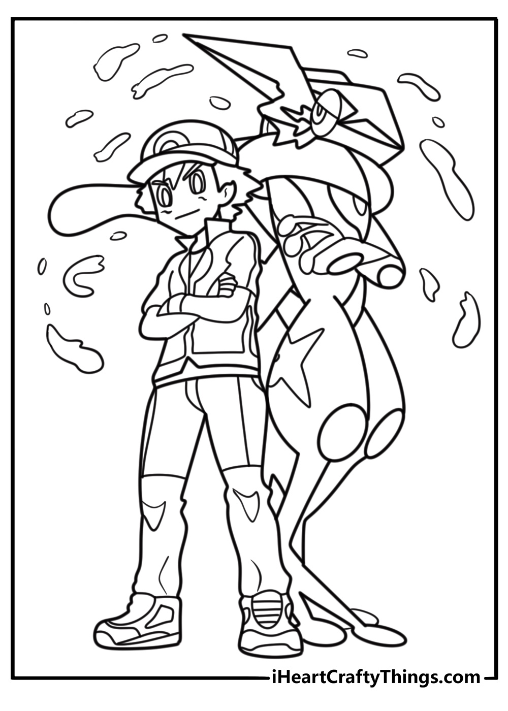 Ash Ketchum and Greninja together coloring page for kids