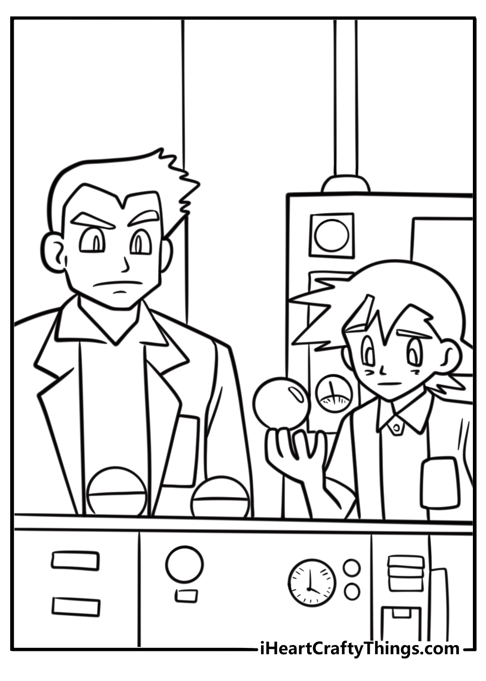 Ash Ketchum at Professor Oak's lab free coloring page pdf