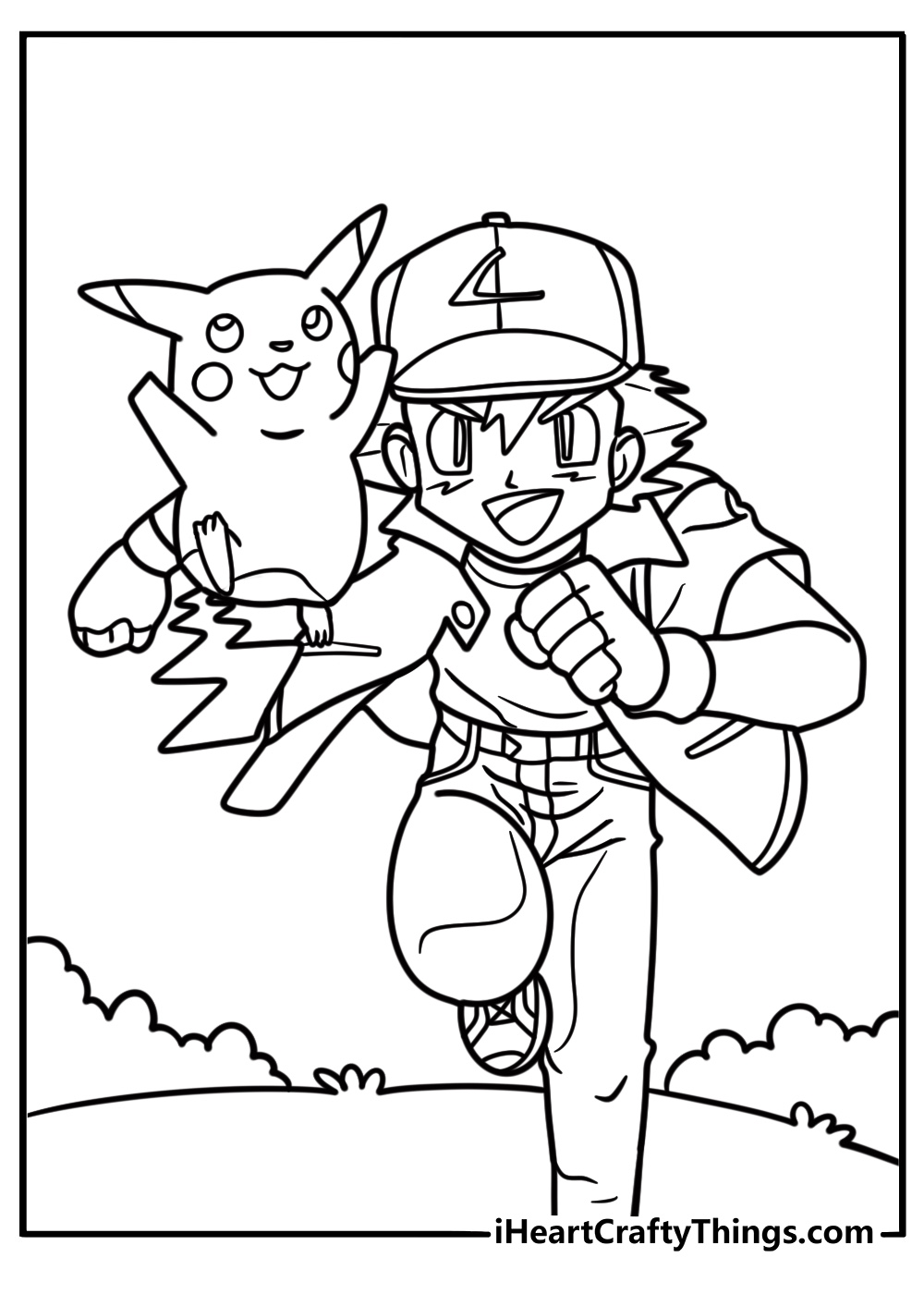 Ash Ketchum commanding Pikachu free coloring page pdf
