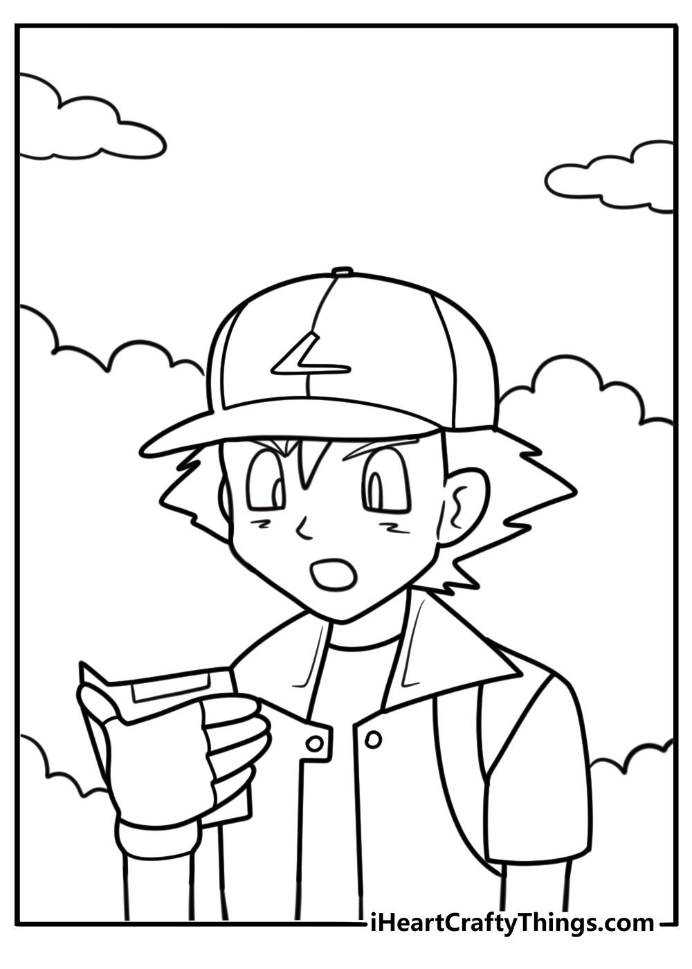 Ash Ketchum holding a Pokédex detailed coloring sheet