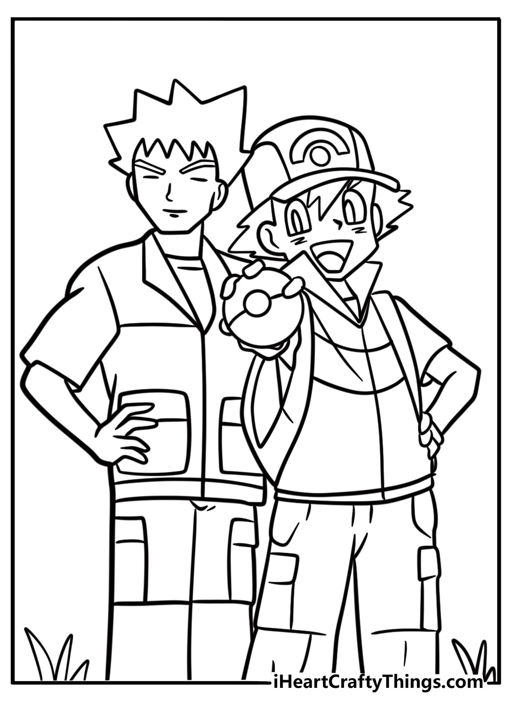 Ash Ketchum next to a Gym Leader fun printable coloring sheet