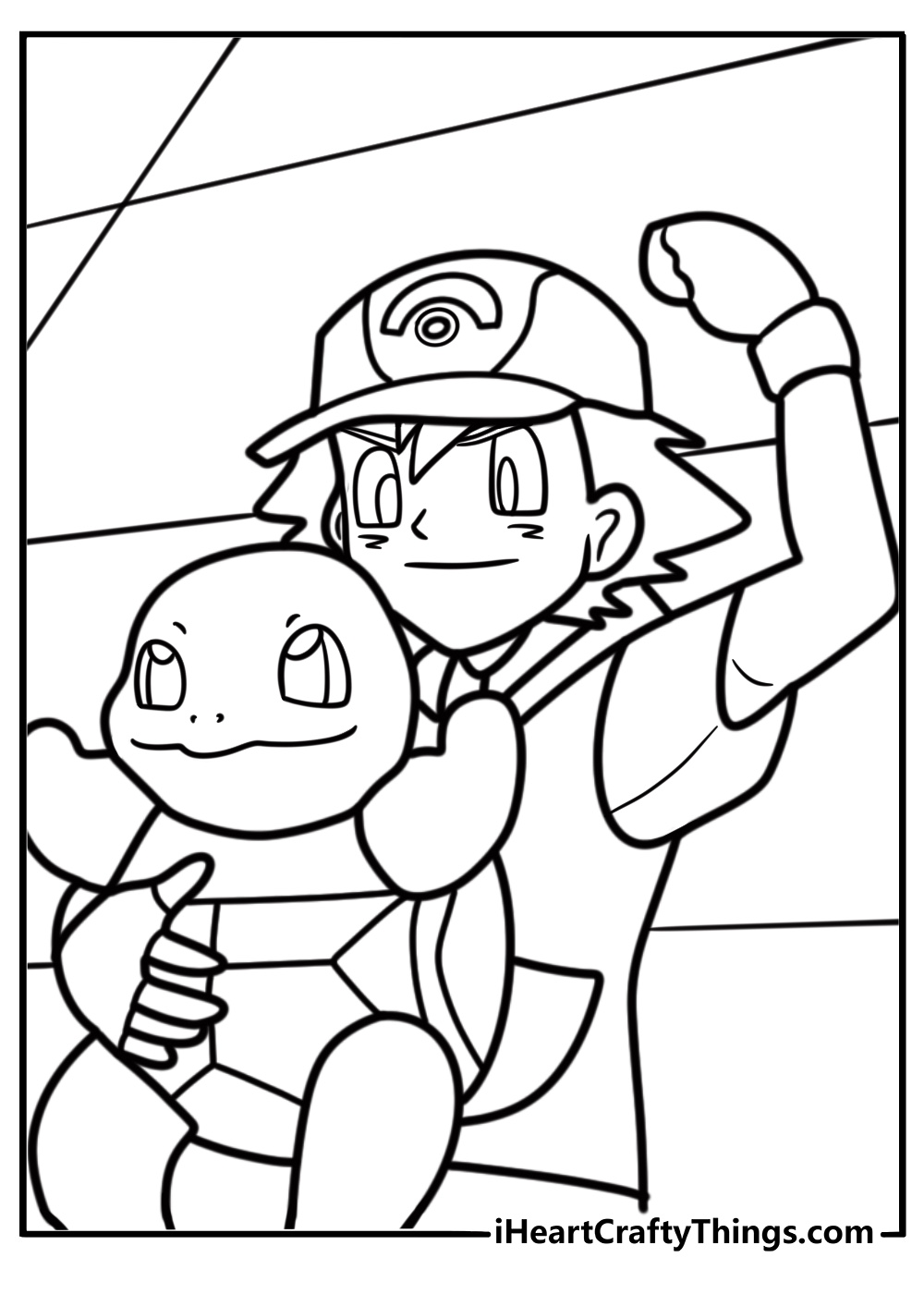 Ash Ketchum next to Squirtle fun coloring sheet