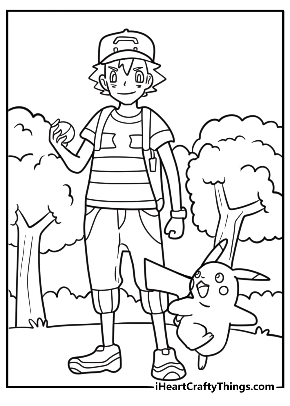 Ash Ketchum on a journey through a forest fun coloring sheet
