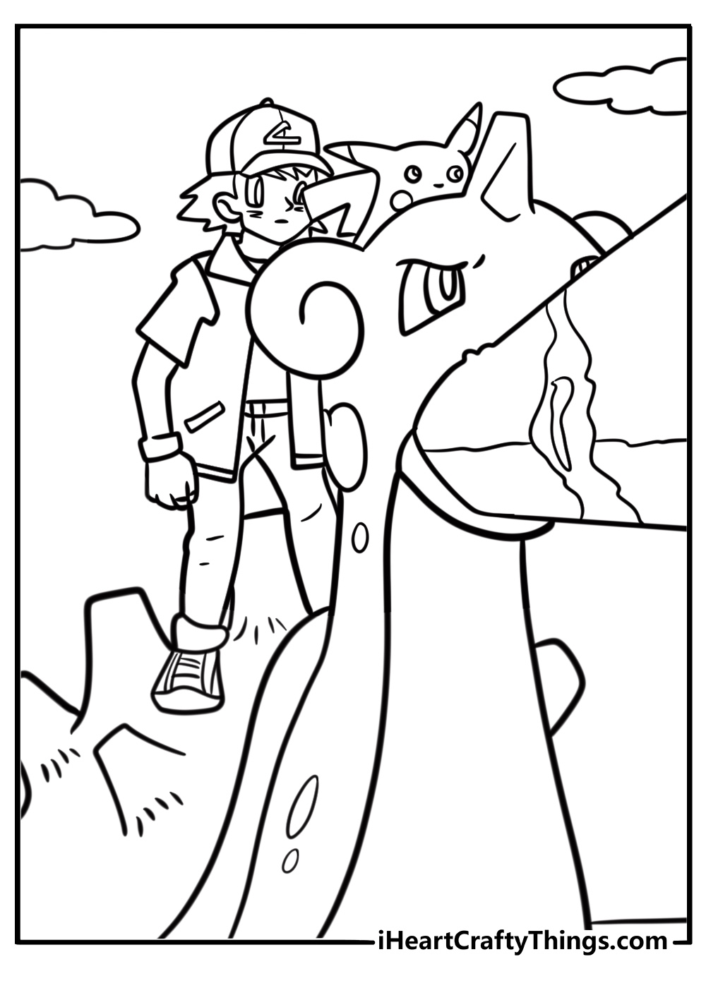 Ash Ketchum riding on Lapras coloring page