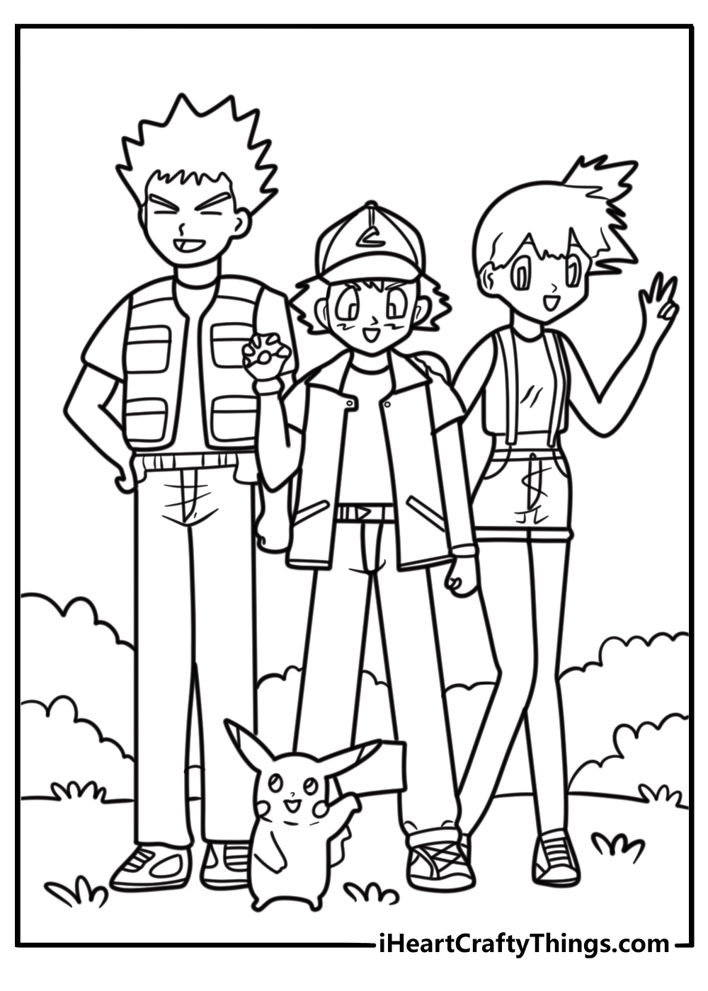 Ash Ketchum standing with Misty and Brock coloring page for kids