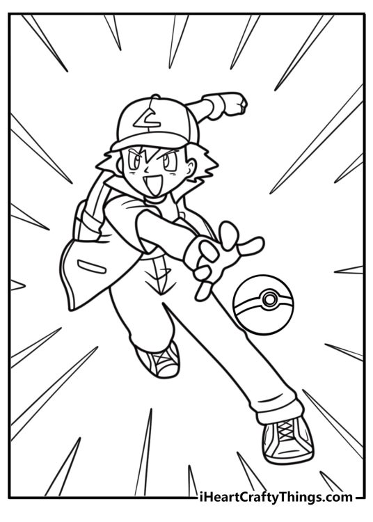 Ash Ketchum throwing a Pokeball coloring sheet