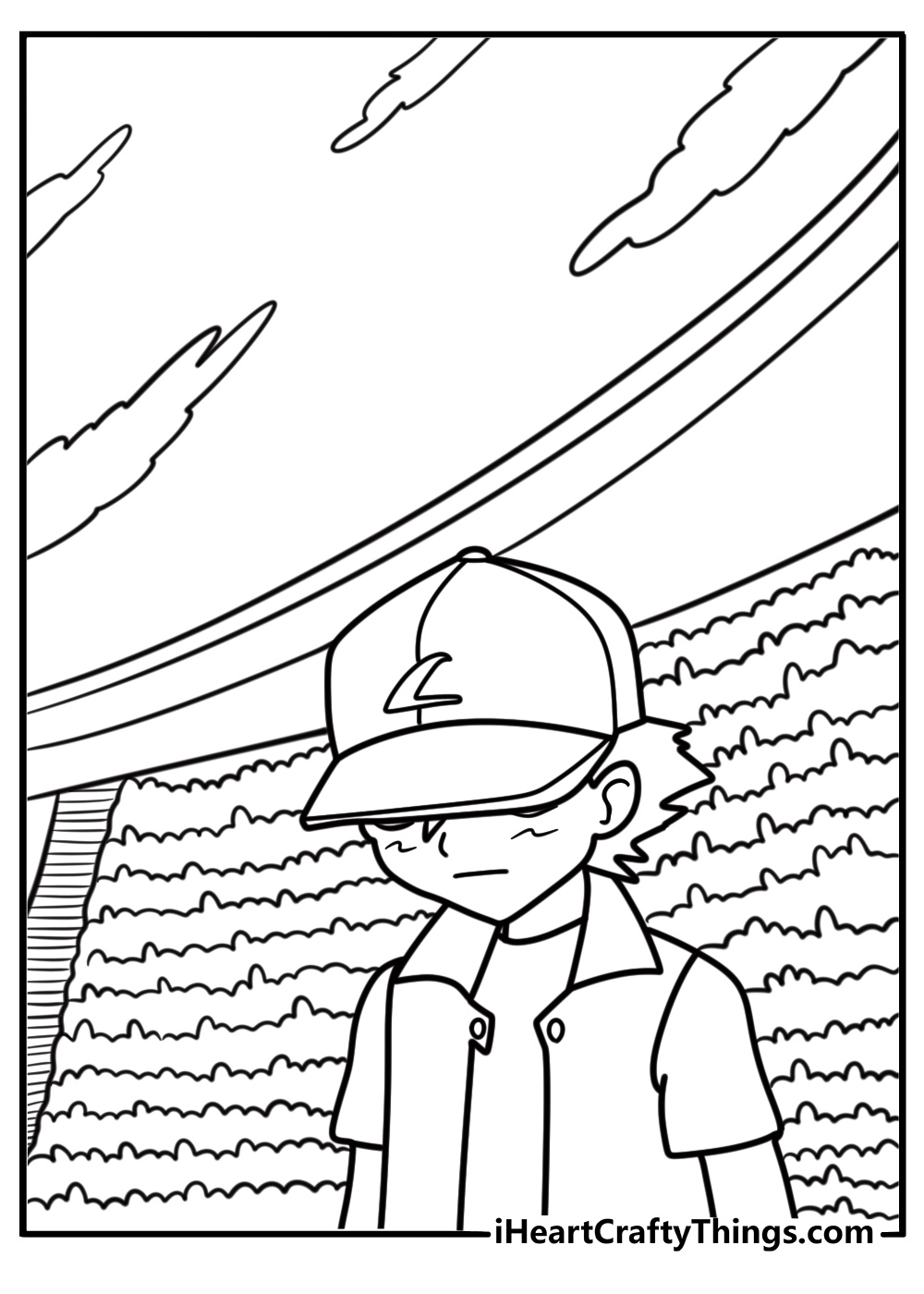 Ash Ketchum watching a battle in a stadium coloring page