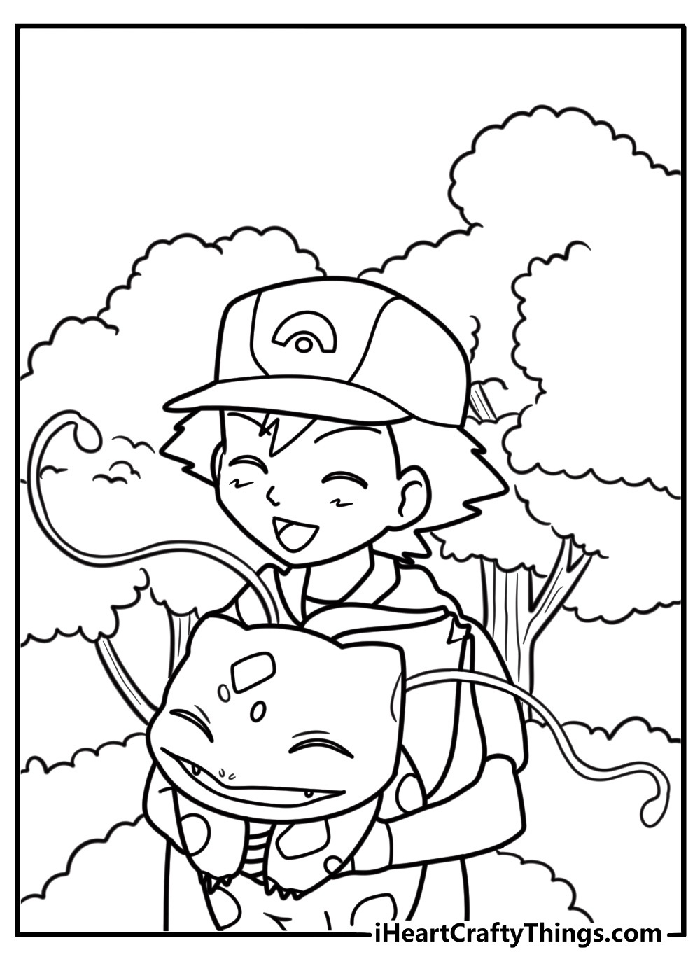 Ash Ketchum with Bulbasaur free printable coloring page