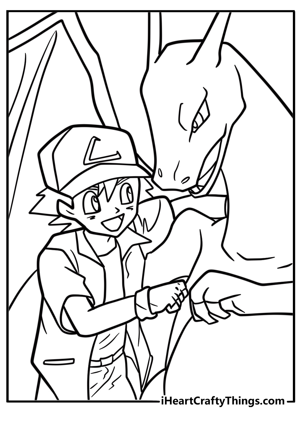 Ash Ketchum with-Charizard fun printable coloring sheet