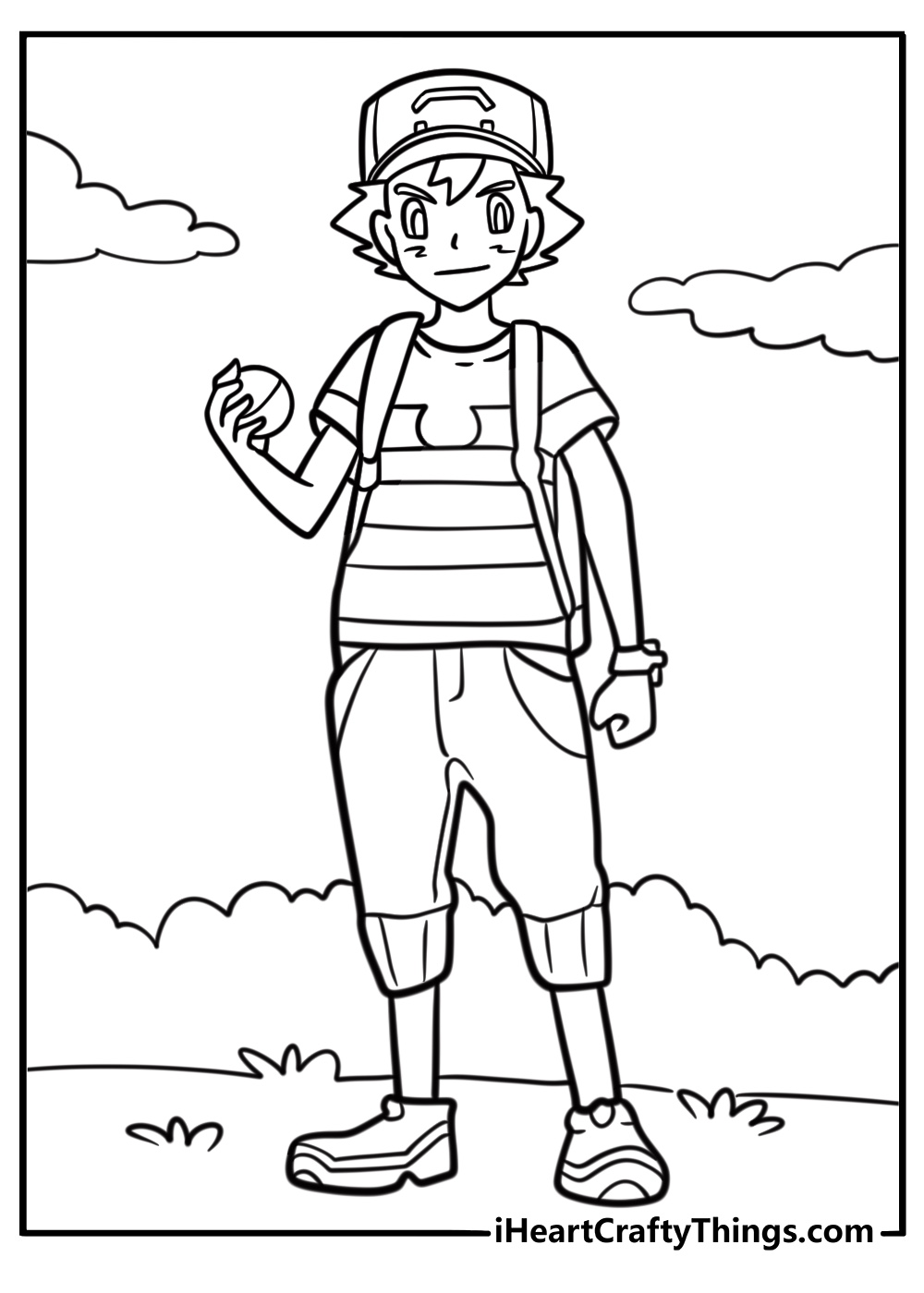 Ash Ketchum with his backpack on detailed coloring sheet