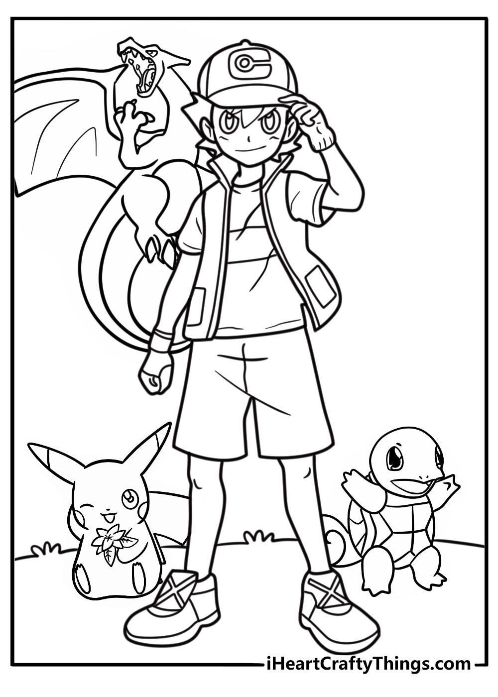 Ash Ketchum with his original Pokémon team detailed coloring sheet