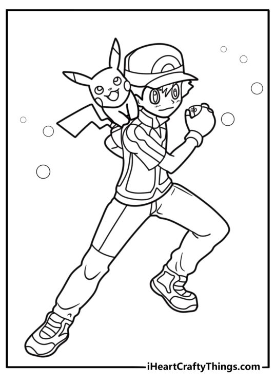 Ash Ketchum with Pikachu coloring page for kids