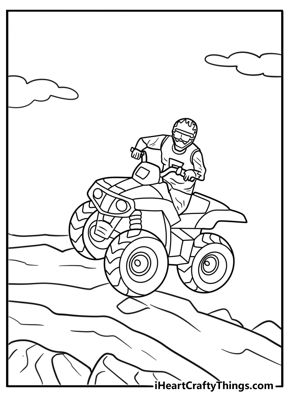 ATV climbing a rocky hill coloring sheet