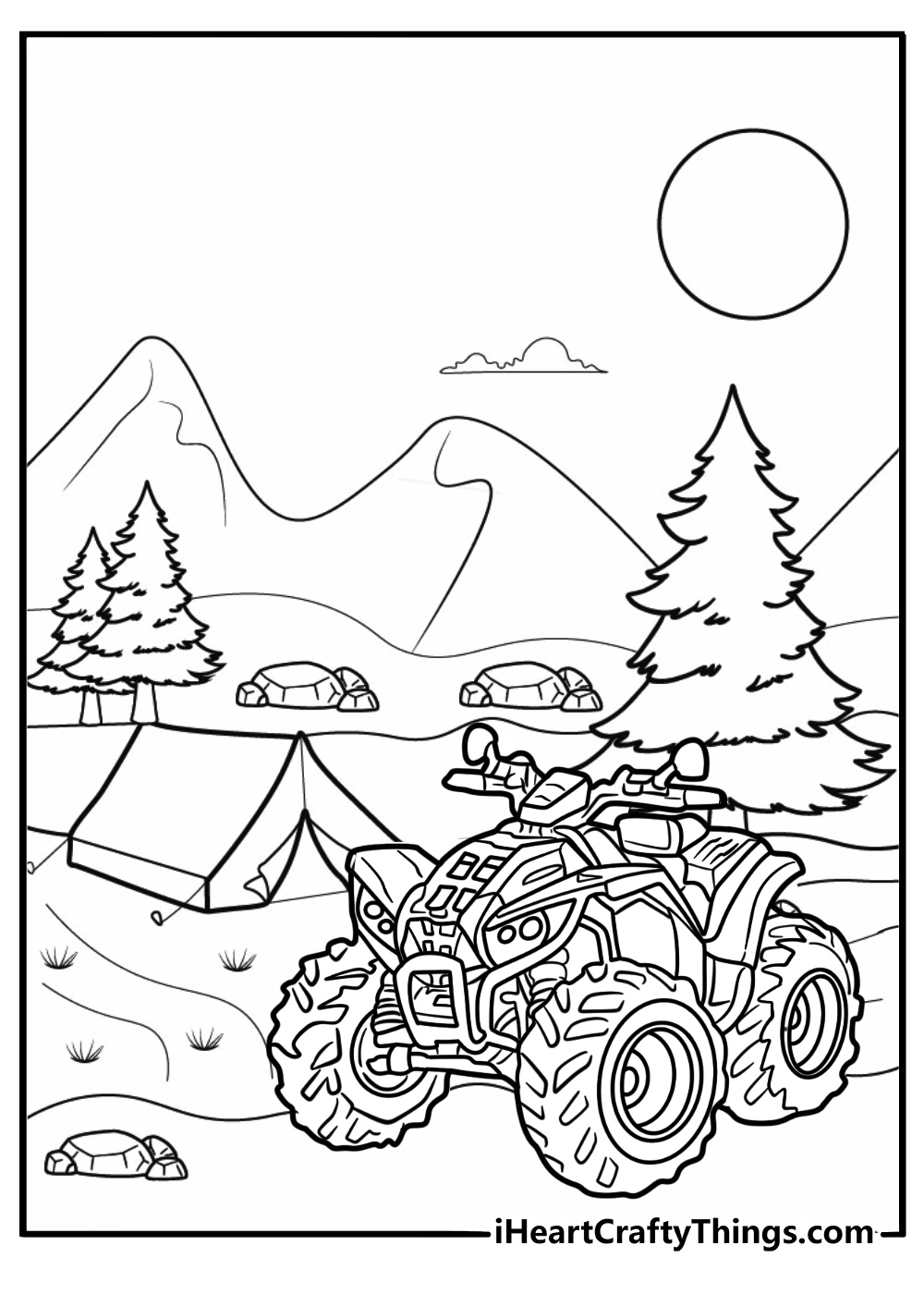 ATV parked at a campsite coloring sheet