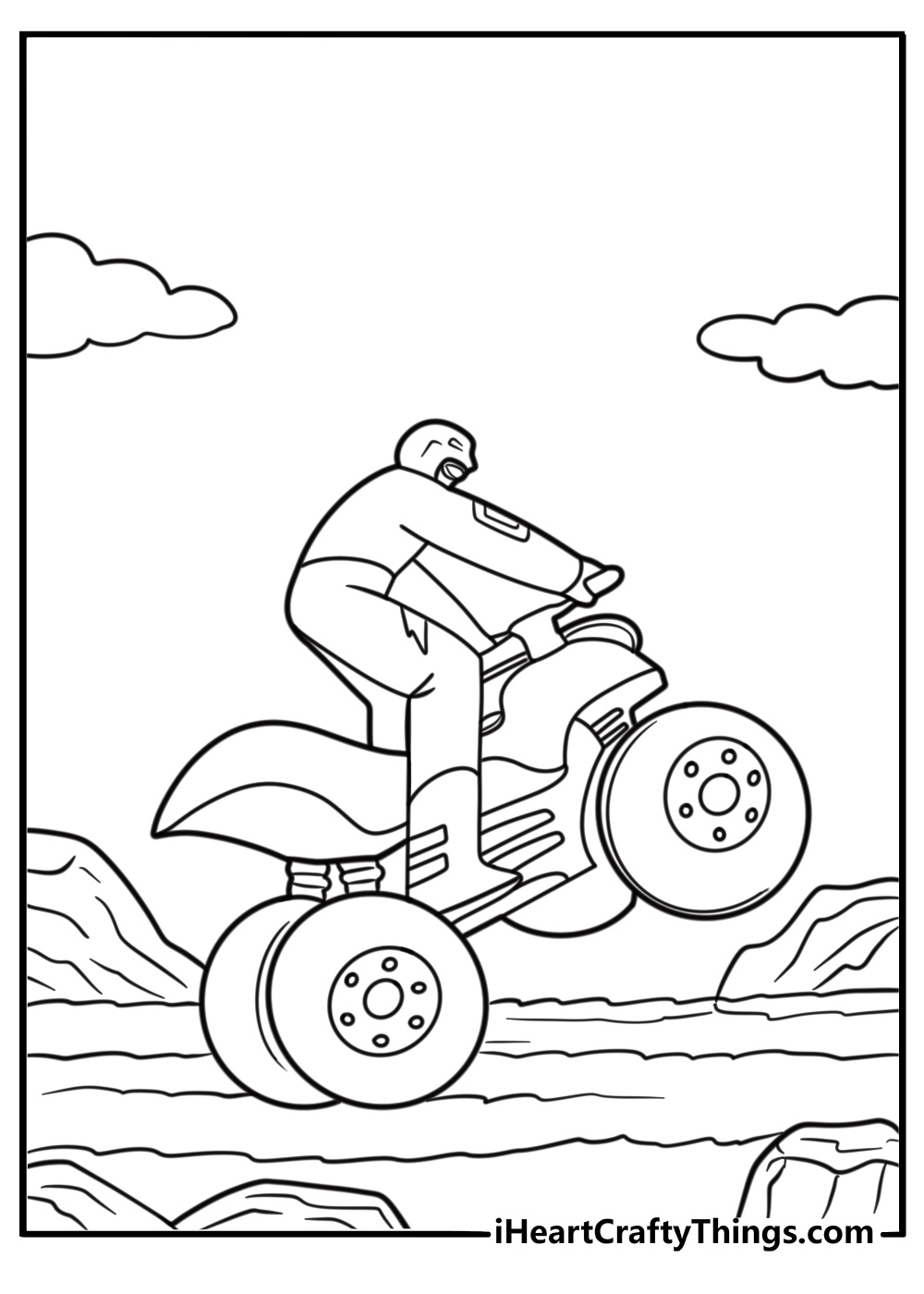 ATV performing a wheelie on a dirt track coloring sheet