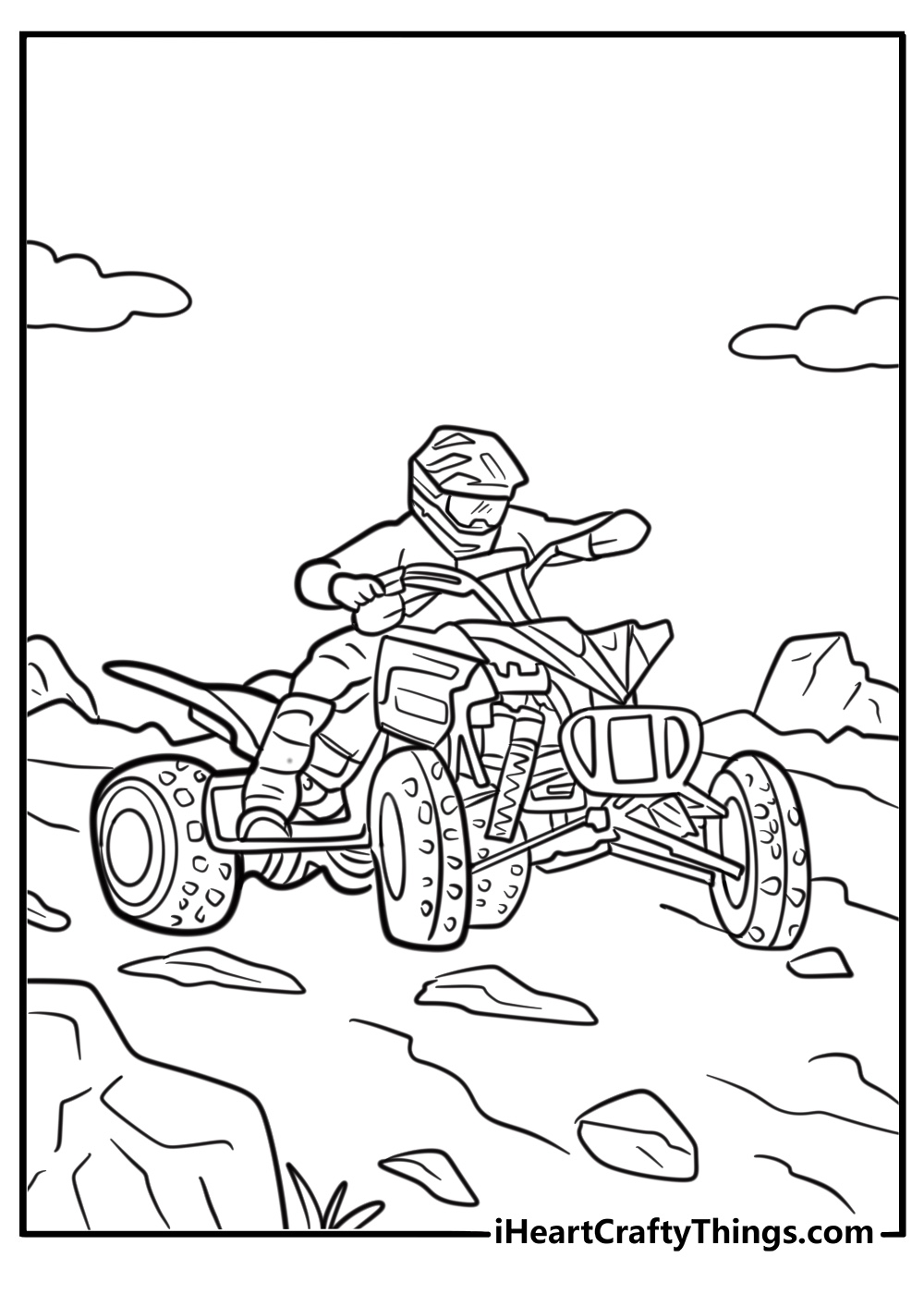 ATV rider drifting around a corner coloring sheet