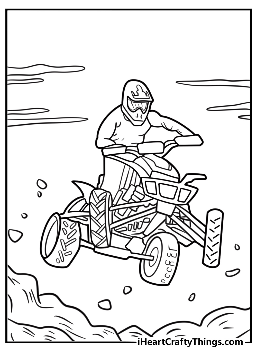 ATV rider driving through mud coloring page