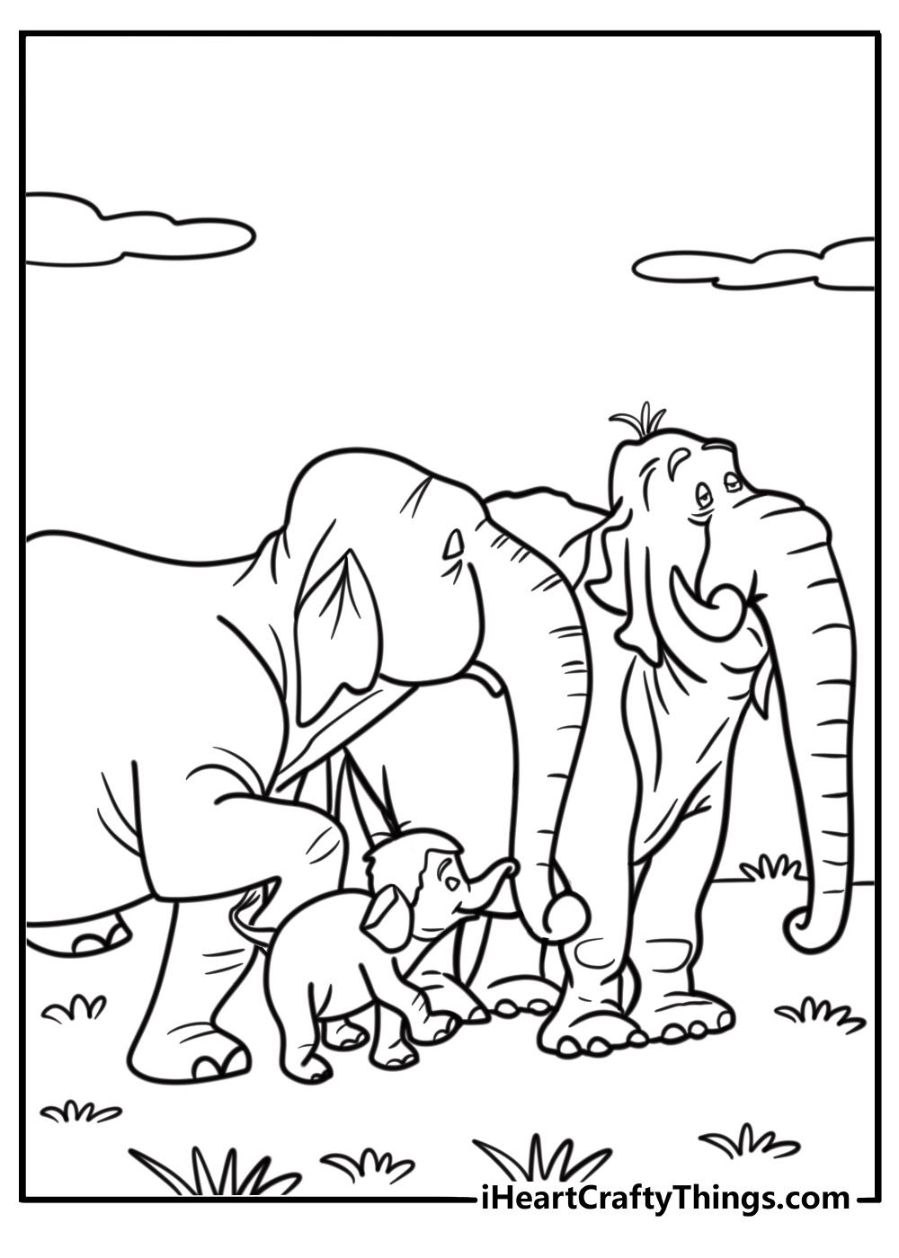 Baby elephant following the herd coloring page