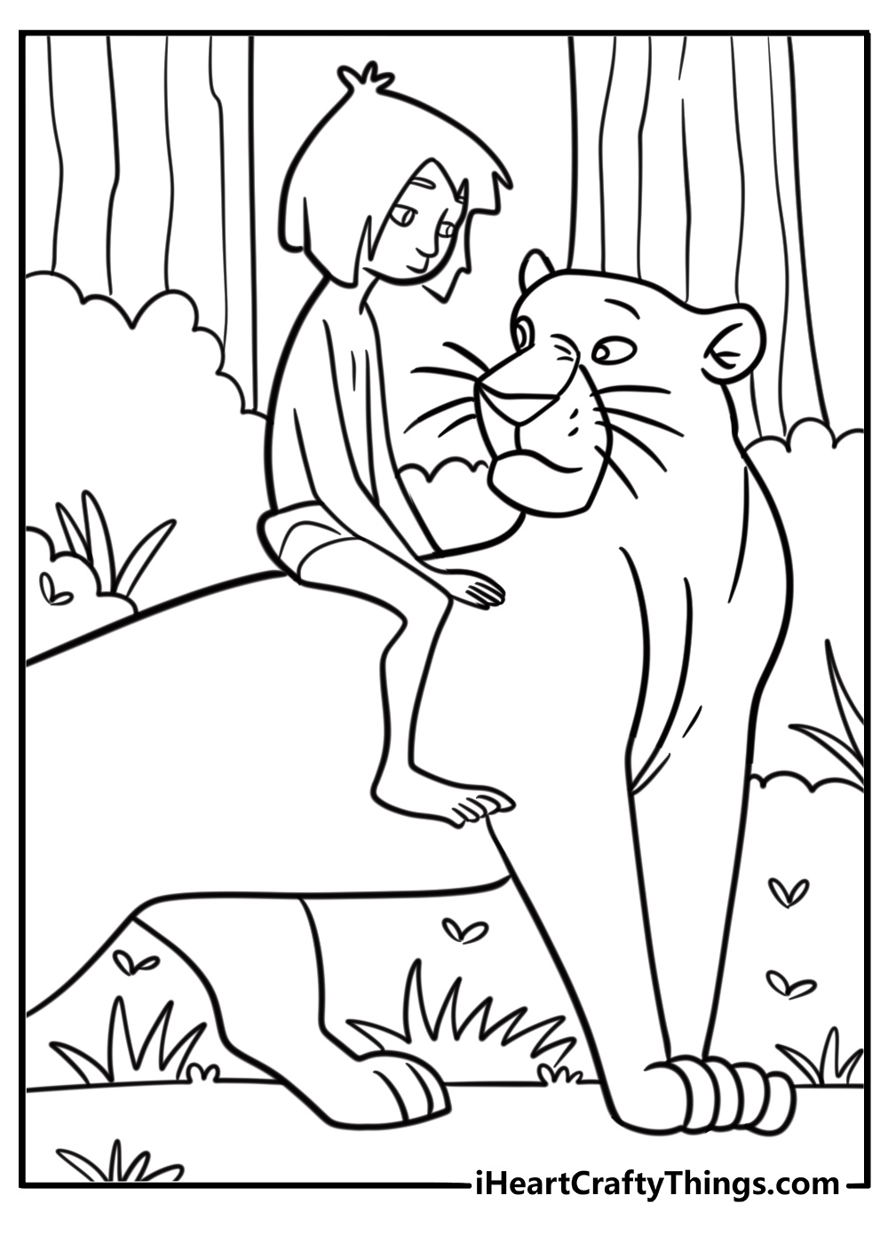 Bagheera leading Mowgli through the jungle coloring page