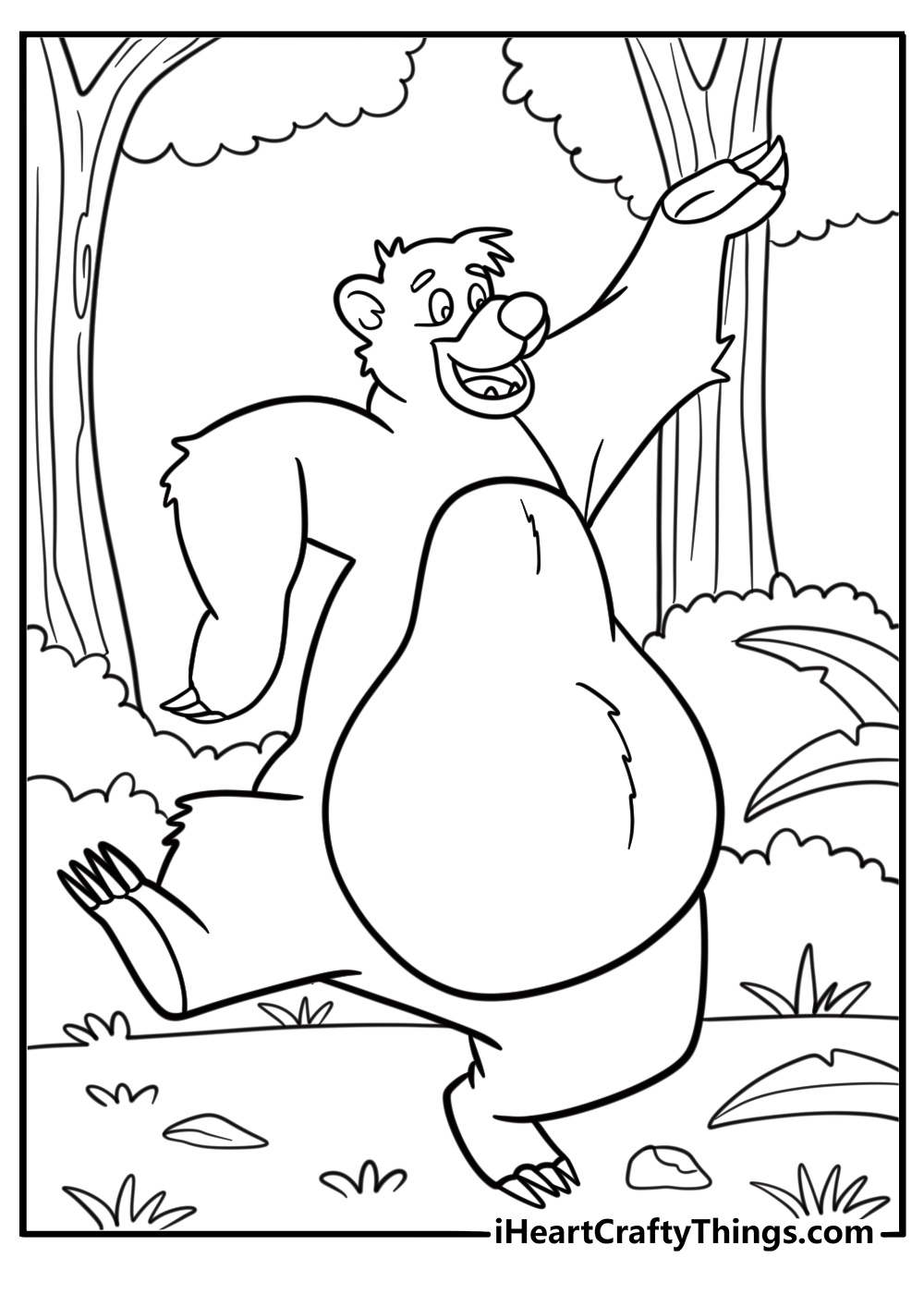 Baloo dancing and singing in the forest coloring page