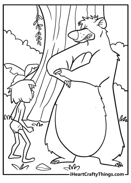 Baloo teaching Mowgli to fight coloring page